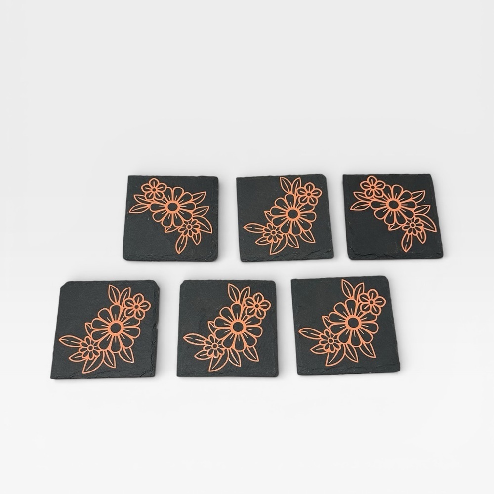 6 Black Stone Coasters with Bright Salmon Color Flower Design